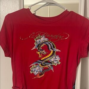 Ed Hardy Red Metallic Logo Dragon Graphic Tee
